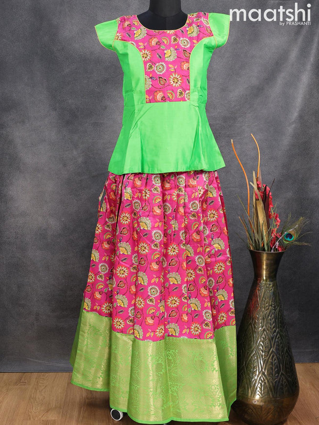 Raw silk readymade kids lehenga parrot green and pink with patch work neck pattern and kalamkari prints & long zari woven border for 13 years - {{ collection.title }} by Prashanti Sarees