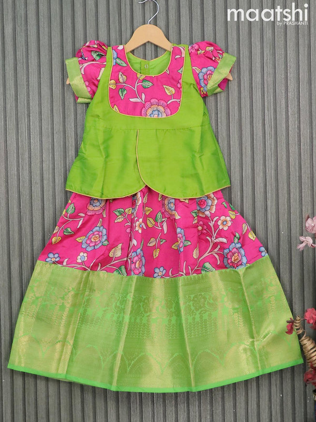 Raw silk readymade kids lehenga parrot green and pink with patch work neck pattern and kalamkari prints & long zari woven border for 5 years - {{ collection.title }} by Prashanti Sarees