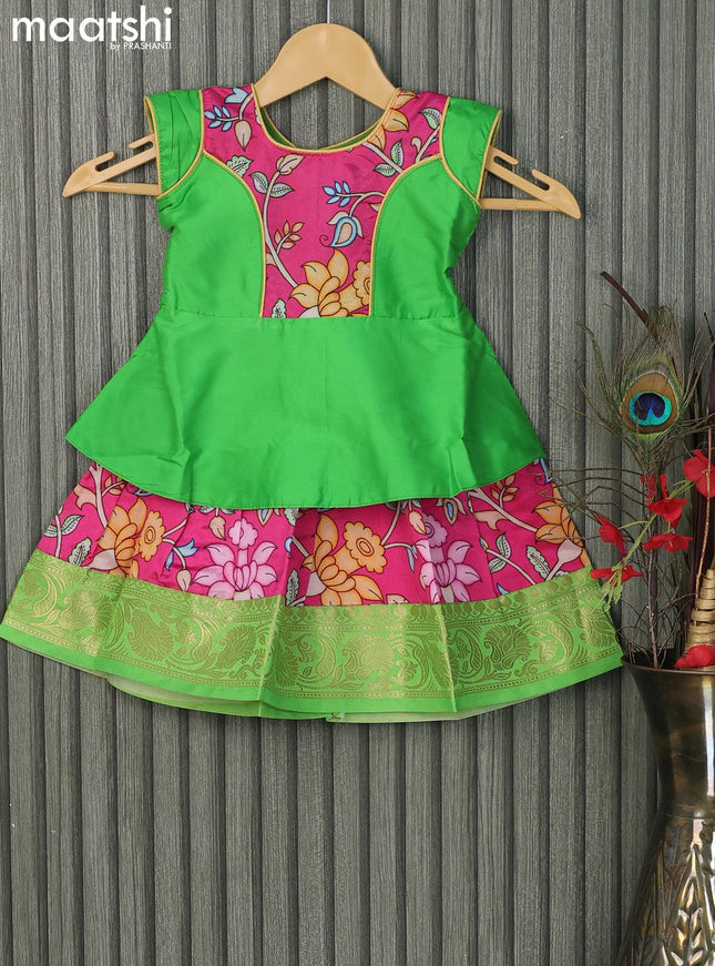 Raw silk readymade kids lehenga parrot green and pink with patch work neck pattern and kalamkari prints & zari woven border for 0-6 months - {{ collection.title }} by Prashanti Sarees