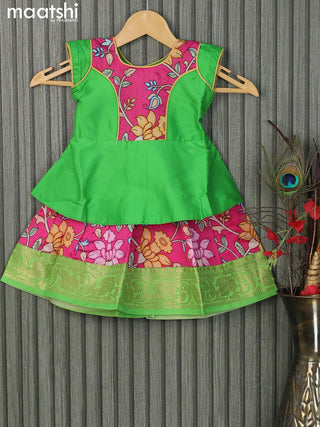 Raw silk readymade kids lehenga parrot green and pink with patch work neck pattern and kalamkari prints & zari woven border for 0-6 months