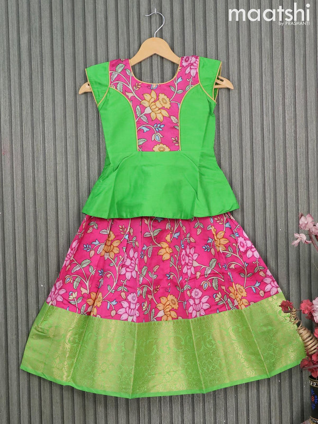 Raw silk readymade kids lehenga parrot green and pink with patch work neck pattern and kalamkari prints & zari woven border for 6 years - {{ collection.title }} by Prashanti Sarees