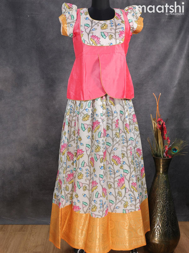 Raw silk readymade kids lehenga peach pink and off white with patch work neck pattern and kalamkari prints & long zari woven border for 15 years - {{ collection.title }} by Prashanti Sarees