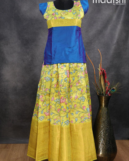 Raw silk readymade kids lehenga peacock blue and yellow with patch work neck pattern and kalamkari prints & long zari woven border for 13 years - {{ collection.title }} by Prashanti Sarees