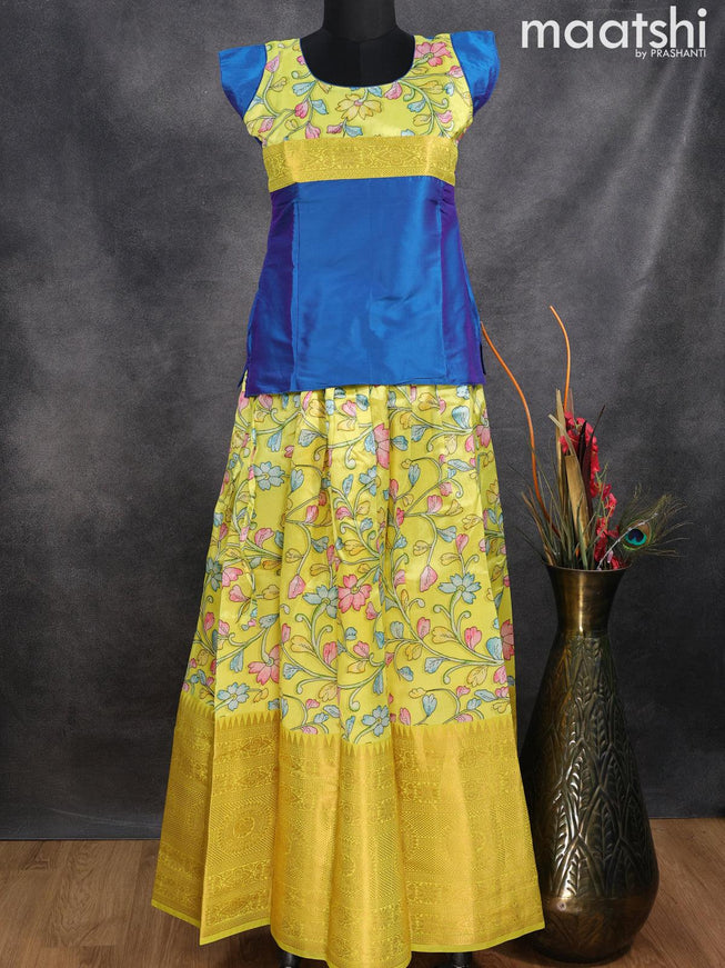 Raw silk readymade kids lehenga peacock blue and yellow with patch work neck pattern and kalamkari prints & long zari woven border for 13 years - {{ collection.title }} by Prashanti Sarees