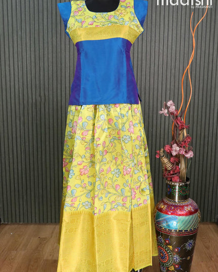 Raw silk readymade kids lehenga peacock blue and yellow with patch work neck pattern and kalamkari prints & long zari woven border for 14 years - {{ collection.title }} by Prashanti Sarees