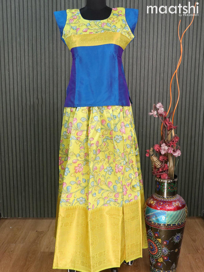 Raw silk readymade kids lehenga peacock blue and yellow with patch work neck pattern and kalamkari prints & long zari woven border for 14 years - {{ collection.title }} by Prashanti Sarees