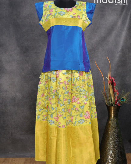 Raw silk readymade kids lehenga peacock blue and yellow with patch work neck pattern and kalamkari prints & long zari woven border for 16 years - {{ collection.title }} by Prashanti Sarees