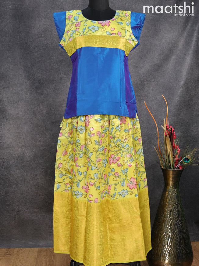 Raw silk readymade kids lehenga peacock blue and yellow with patch work neck pattern and kalamkari prints & long zari woven border for 16 years - {{ collection.title }} by Prashanti Sarees