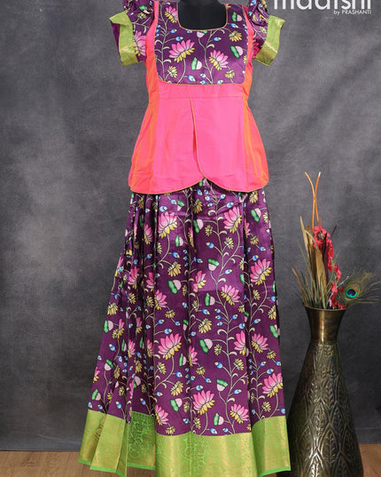 Raw silk readymade kids lehenga pink and deep purple with patch work neck pattern and kalamkari prints & long zari woven border for 16 years - {{ collection.title }} by Prashanti Sarees