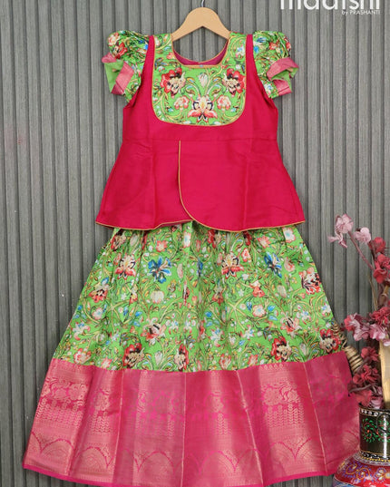 Raw silk readymade kids lehenga pink and light green with patch work neck pattern and kalamkari prints & long zari woven border for 9 years - {{ collection.title }} by Prashanti Sarees