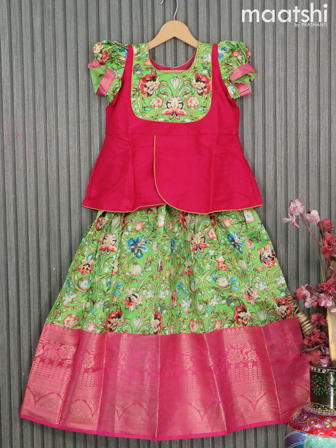 Raw silk readymade kids lehenga pink and light green with patch work neck pattern and kalamkari prints & long zari woven border for 9 years - {{ collection.title }} by Prashanti Sarees
