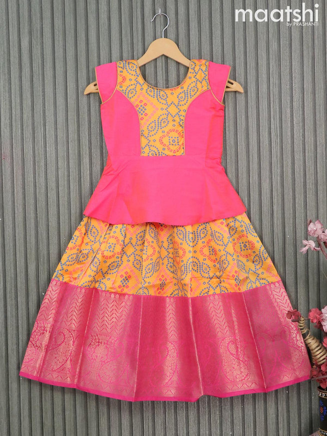 Raw silk readymade kids lehenga pink and mango yellow with patch work neck pattern and bandhani prints & long zari woven border for 6 years - {{ collection.title }} by Prashanti Sarees