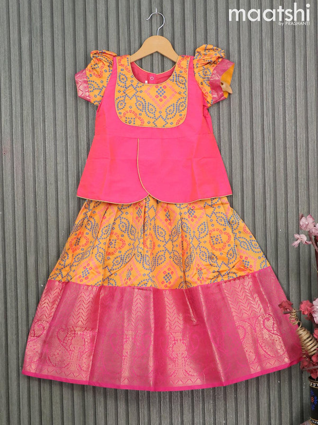 Raw silk readymade kids lehenga pink and mango yellow with patch work neck pattern and bandhani prints & long zari woven border for 6 years - {{ collection.title }} by Prashanti Sarees