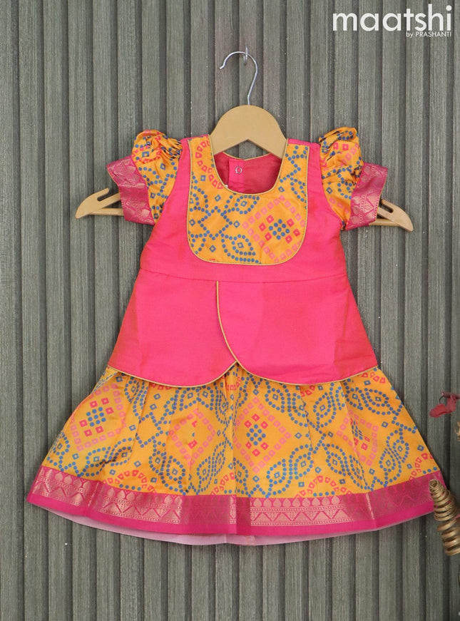 Raw silk readymade kids lehenga pink and mango yellow with patch work neck pattern and bandhani prints & zari woven border for 0-6 months - {{ collection.title }} by Prashanti Sarees