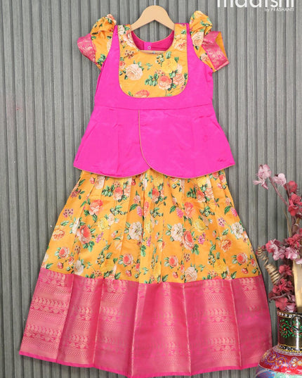 Raw silk readymade kids lehenga pink and mango yellow with patch work neck pattern and floral prints & long zari woven border for 9 years - {{ collection.title }} by Prashanti Sarees