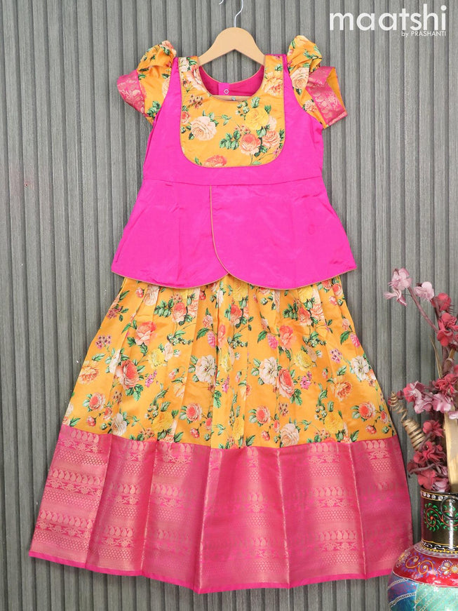 Raw silk readymade kids lehenga pink and mango yellow with patch work neck pattern and floral prints & long zari woven border for 9 years - {{ collection.title }} by Prashanti Sarees