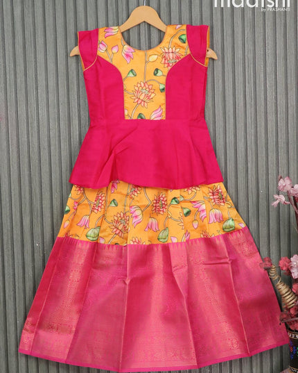Raw silk readymade kids lehenga pink and mango yellow with patch work neck pattern and kalamkari prints & long zari woven border for 7 years - {{ collection.title }} by Prashanti Sarees