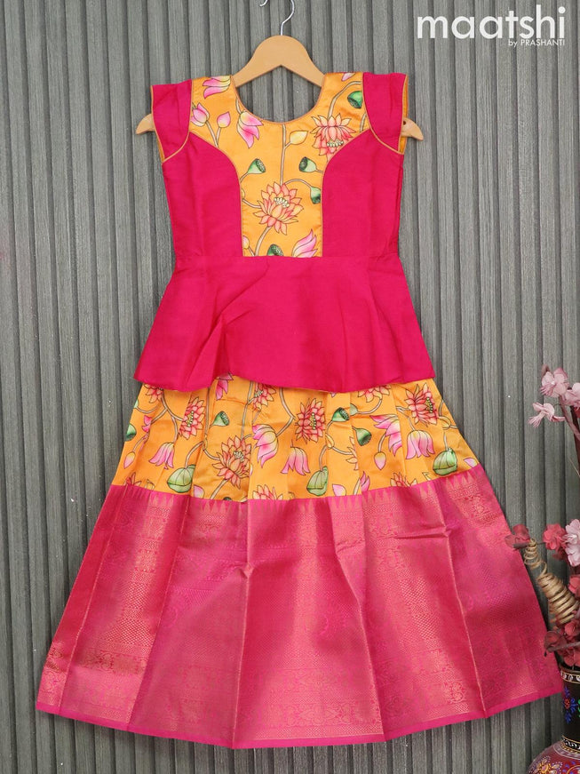 Raw silk readymade kids lehenga pink and mango yellow with patch work neck pattern and kalamkari prints & long zari woven border for 7 years - {{ collection.title }} by Prashanti Sarees