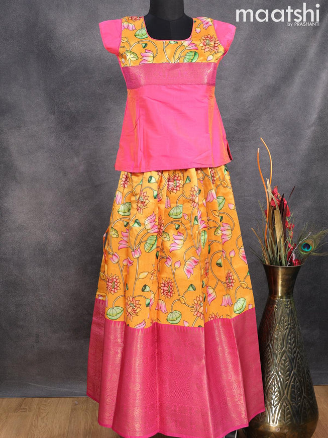 Raw silk readymade kids lehenga pink and mango yellow with patch work neck pattern and pichwai prints & long copper zari woven border for 12 year - {{ collection.title }} by Prashanti Sarees