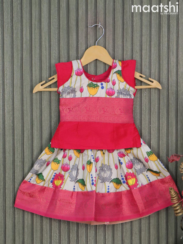 Raw silk readymade kids lehenga pink and off white with patch work neck pattern and pichwai prints & zari woven border for 0-6 months - {{ collection.title }} by Prashanti Sarees