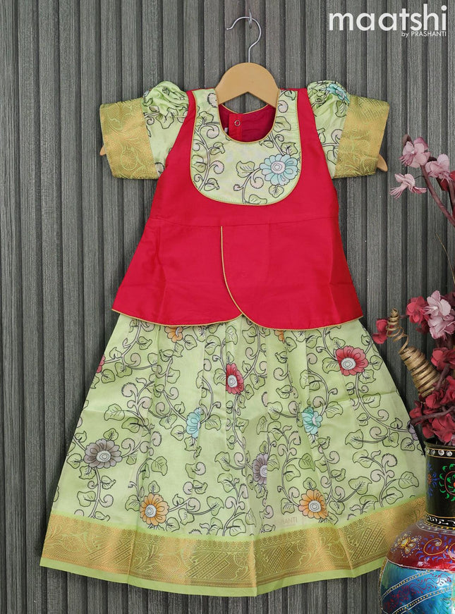 Raw silk readymade kids lehenga pink and pista green with patch work neck pattern and kalamkari prints & zari woven border for 3 years - {{ collection.title }} by Prashanti Sarees