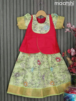 Raw silk readymade kids lehenga pink and pista green with patch work neck pattern and kalamkari prints & zari woven border for 3 years