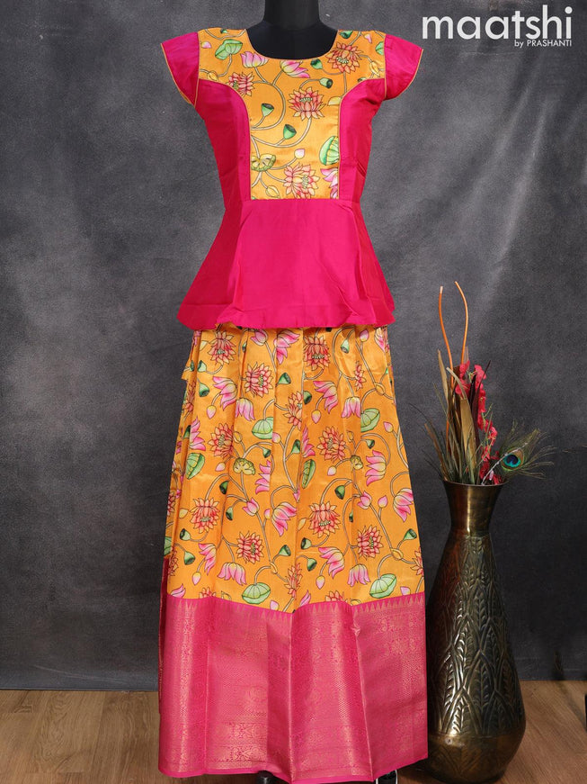 Raw silk readymade kids lehenga pink and yellow with patch work neck pattern and kalamkari prints & long zari woven border for 15 years - {{ collection.title }} by Prashanti Sarees