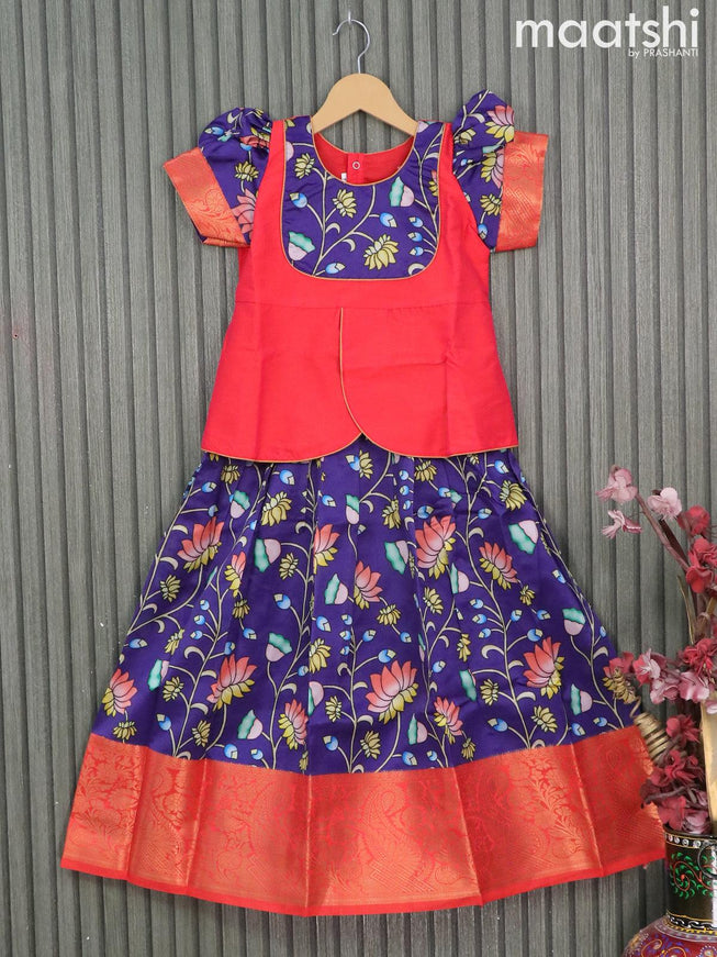 Raw silk readymade kids lehenga red and blue with patch work neck pattern and kalamkari prints & copper zari woven border for 7 years - {{ collection.title }} by Prashanti Sarees