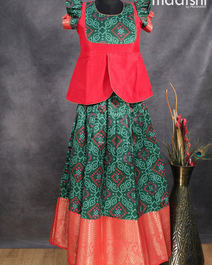 Raw silk readymade kids lehenga red and bottle green with patch work neck pattern and bandhani prints & long zari woven border for 11 years - {{ collection.title }} by Prashanti Sarees