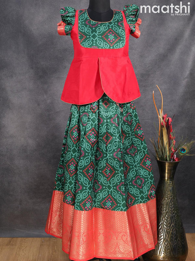 Raw silk readymade kids lehenga red and bottle green with patch work neck pattern and bandhani prints & long zari woven border for 11 years - {{ collection.title }} by Prashanti Sarees