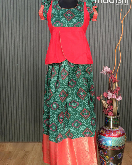 Raw silk readymade kids lehenga red and bottle green with patch work neck pattern and bandhani prints & long zari woven border for 14 years - {{ collection.title }} by Prashanti Sarees