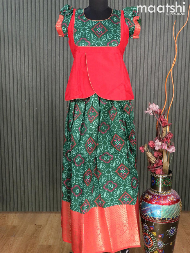 Raw silk readymade kids lehenga red and bottle green with patch work neck pattern and bandhani prints & long zari woven border for 14 years - {{ collection.title }} by Prashanti Sarees