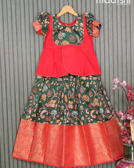 Raw silk readymade kids lehenga red and bottle green with patch work neck pattern and kalamkari prints & long zari woven border for 8 years - {{ collection.title }} by Prashanti Sarees