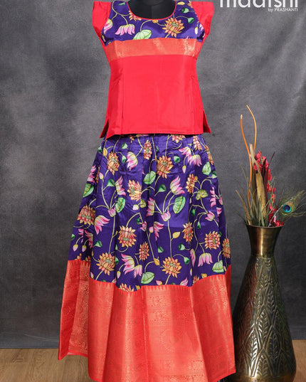Raw silk readymade kids lehenga red and dark blue with patch work neck pattern and kalamkari prints & long zari woven border for 11 years - {{ collection.title }} by Prashanti Sarees