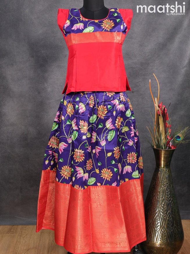 Raw silk readymade kids lehenga red and dark blue with patch work neck pattern and kalamkari prints & long zari woven border for 11 years - {{ collection.title }} by Prashanti Sarees