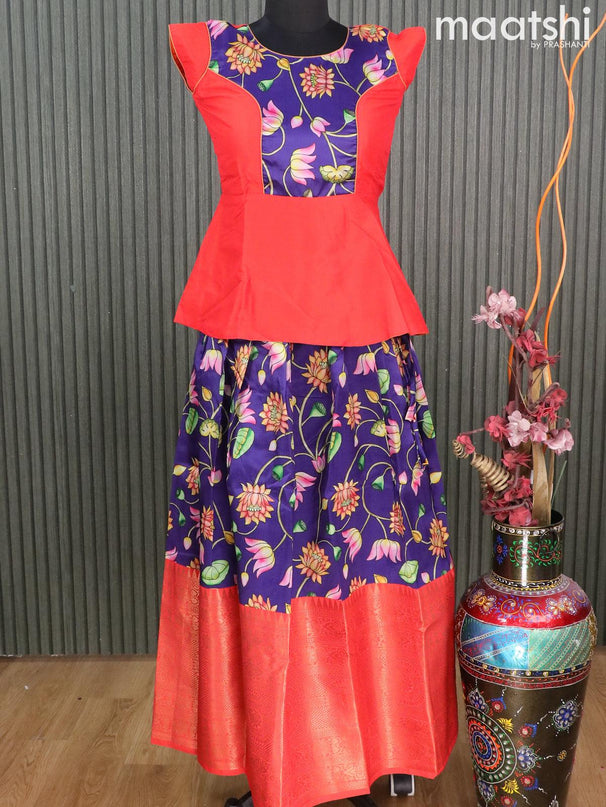 Raw silk readymade kids lehenga red and dark blue with patch work neck pattern and kalamkari prints & long zari woven border for 12 years - {{ collection.title }} by Prashanti Sarees
