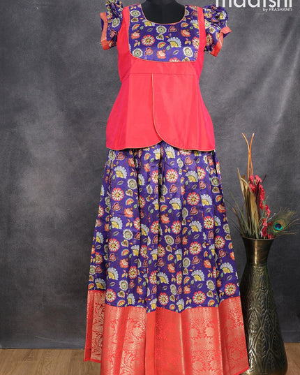 Raw silk readymade kids lehenga red and dark blue with patch work neck pattern and kalamkari prints & long zari woven border for 15 years - {{ collection.title }} by Prashanti Sarees