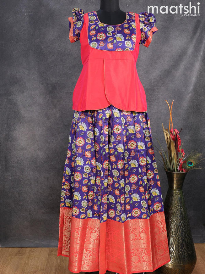 Raw silk readymade kids lehenga red and dark blue with patch work neck pattern and kalamkari prints & long zari woven border for 15 years - {{ collection.title }} by Prashanti Sarees