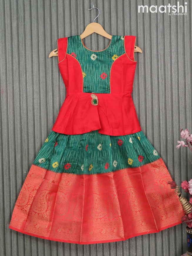 Raw silk readymade kids lehenga red and dark green with patch work neck pattern and batik prints prints & long zari woven border for 6 years - {{ collection.title }} by Prashanti Sarees