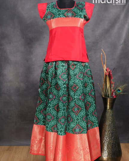 Raw silk readymade kids lehenga red and green with patch work neck pattern and bandhani prints & long zari woven border for 12 year - {{ collection.title }} by Prashanti Sarees