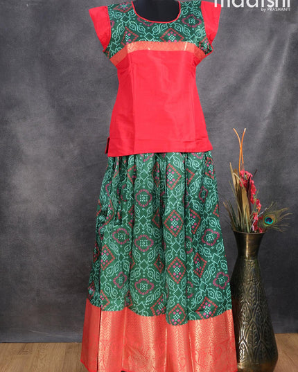 Raw silk readymade kids lehenga red and green with patch work neck pattern and bandhani prints & long zari woven border for 16 years - {{ collection.title }} by Prashanti Sarees