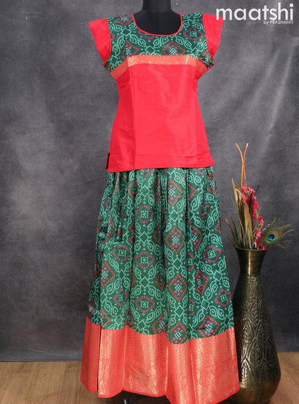 Raw silk readymade kids lehenga red and green with patch work neck pattern and bandhani prints & long zari woven border for 16 years - {{ collection.title }} by Prashanti Sarees