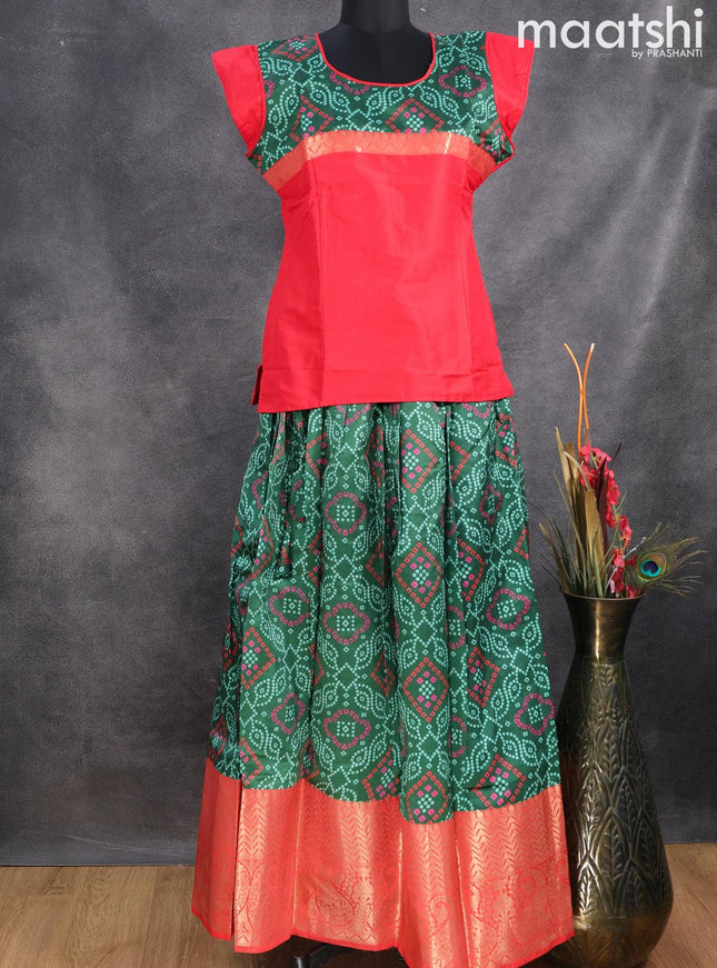 Raw silk readymade kids lehenga red and green with patch work neck pattern and bandhani prints & long zari woven border for 16 years - {{ collection.title }} by Prashanti Sarees
