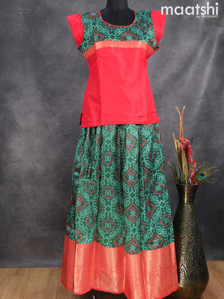 Raw silk readymade kids lehenga red and green with patch work neck pattern and bandhani prints & long zari woven border for 16 years