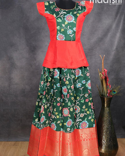 Raw silk readymade kids lehenga red and green with patch work neck pattern and kalamkari prints & long zari woven border for 16 years - {{ collection.title }} by Prashanti Sarees