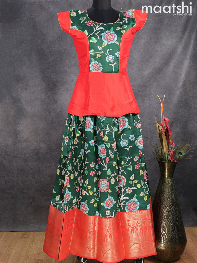 Raw silk readymade kids lehenga red and green with patch work neck pattern and kalamkari prints & long zari woven border for 16 years - {{ collection.title }} by Prashanti Sarees