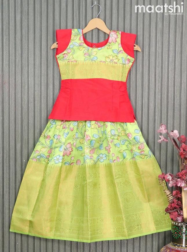 Raw silk readymade kids lehenga red and light green with patch work neck pattern and kalamkari prints & long zari woven border for 7 years - {{ collection.title }} by Prashanti Sarees