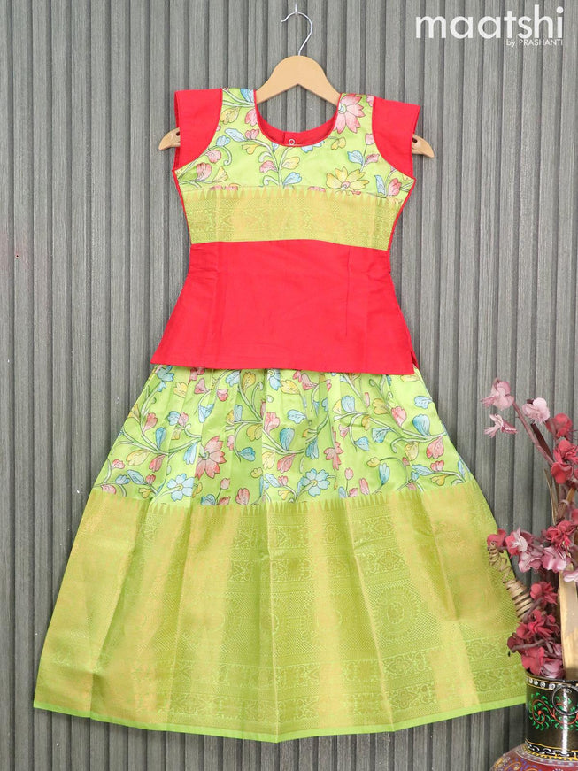 Raw silk readymade kids lehenga red and light green with patch work neck pattern and kalamkari prints & long zari woven border for 7 years - {{ collection.title }} by Prashanti Sarees