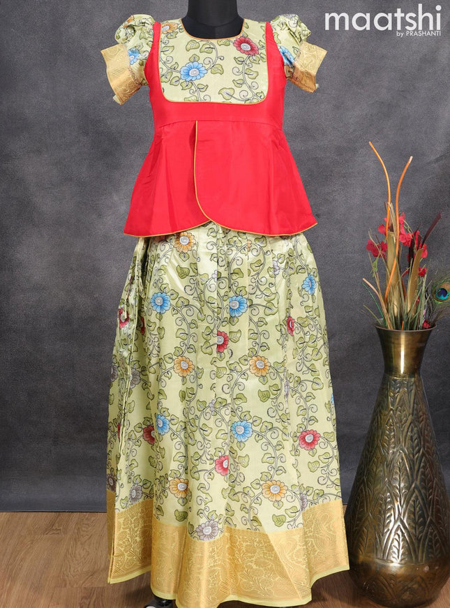 Raw silk readymade kids lehenga red and mild pista green with patch work neck pattern and kalamkari prints & zari woven border for 11 years - {{ collection.title }} by Prashanti Sarees