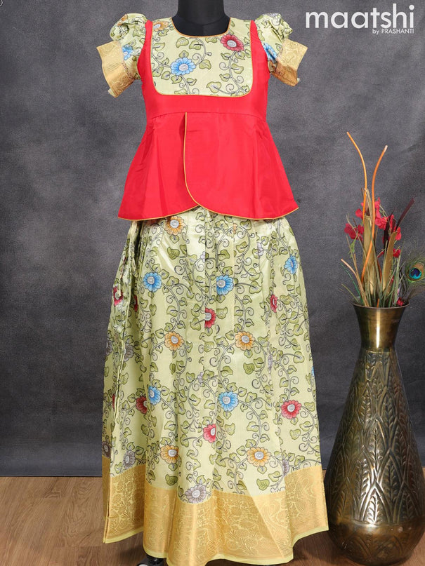 Raw silk readymade kids lehenga red and mild pista green with patch work neck pattern and kalamkari prints & zari woven border for 11 years - {{ collection.title }} by Prashanti Sarees